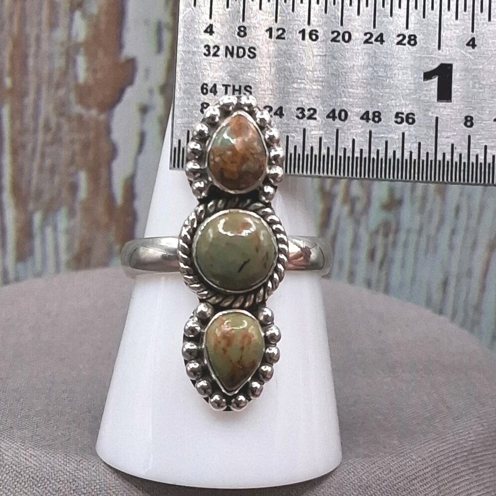 Sterling Silver Royston Turquoise Ring size 9 Dark Green 3 Stone Southwestern - Picture 8 of 10